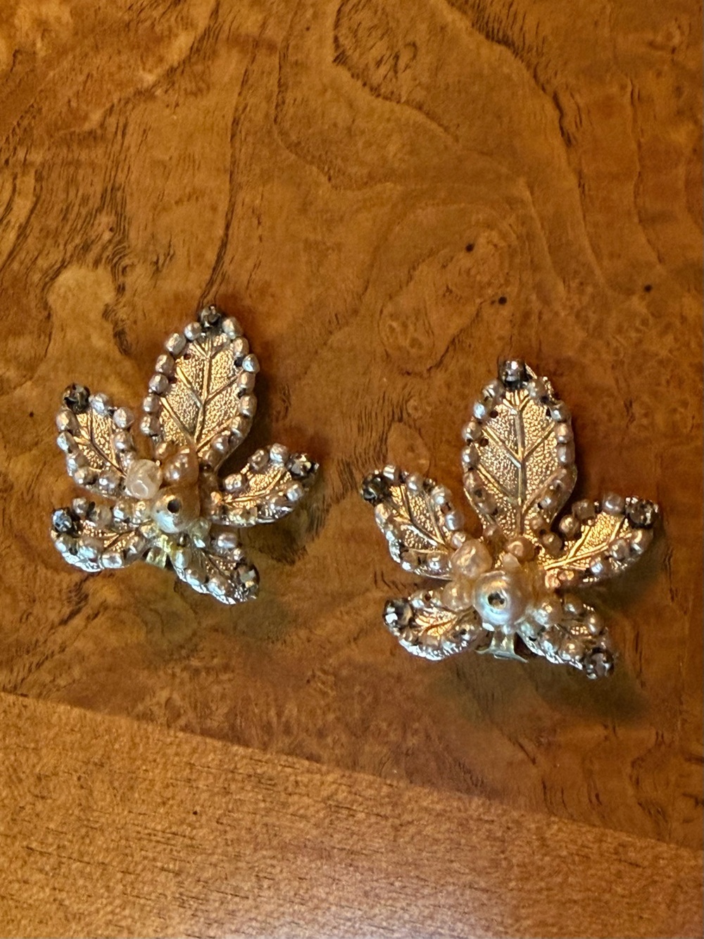 Gold Leaf Floral Clip-On Earrings - some missing pearl accents